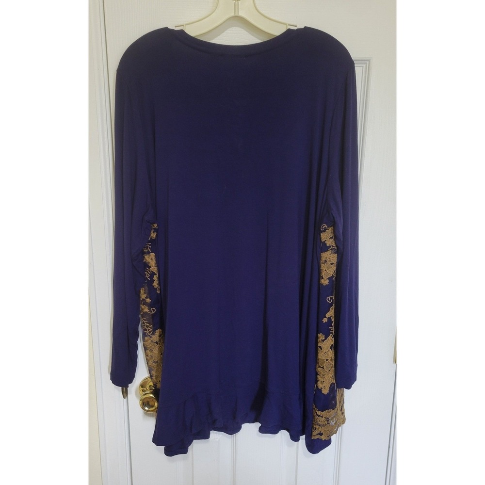 LOGO Lavish Lori Goldstein Purple Gold Floral Lace Tunic Top Women 2X LongSleeve - Picture 6 of 7